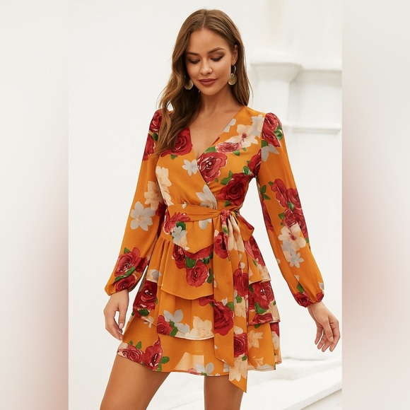 Floral Wrap Dress in Orange and Red - Picture 1 of 1